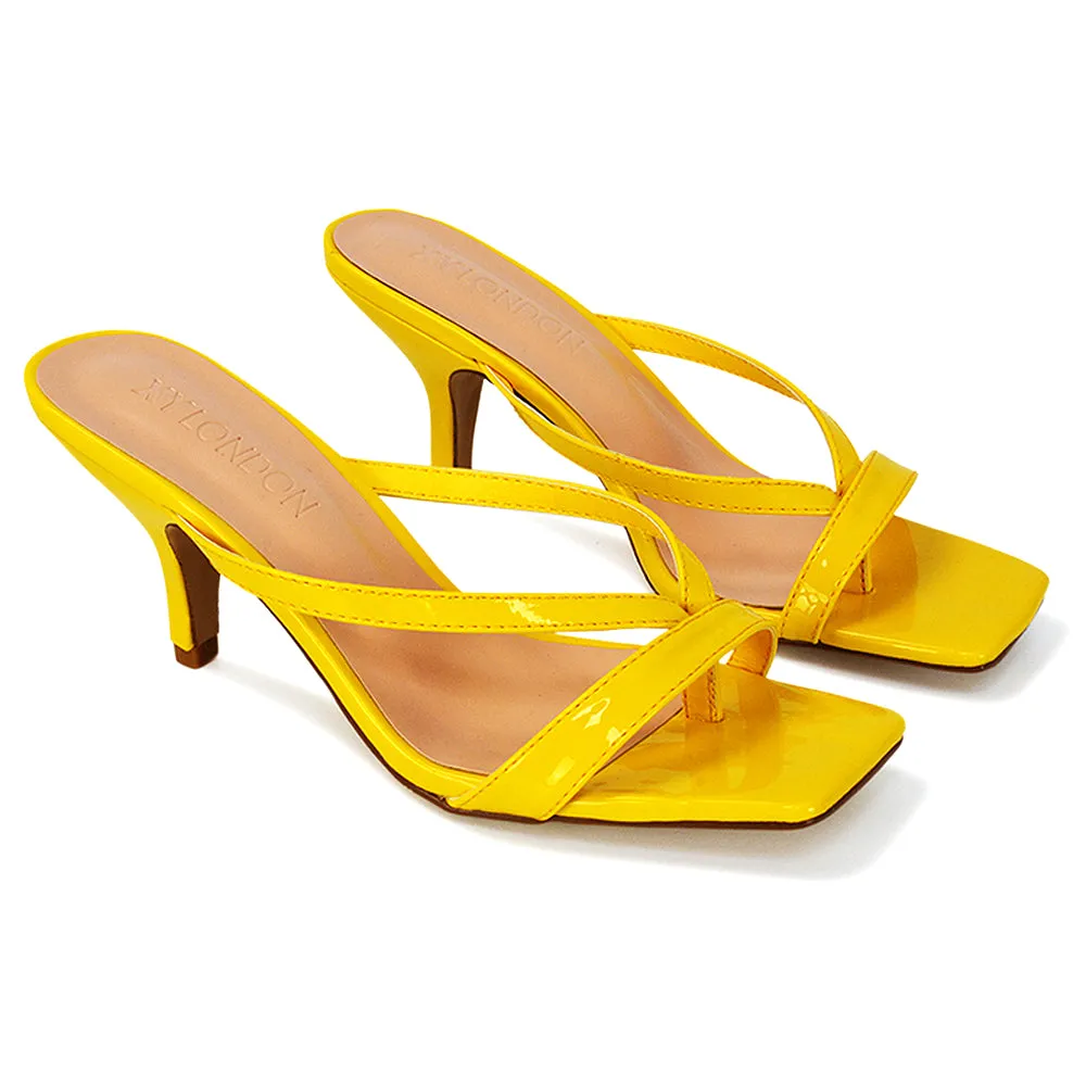 Daria Square Toe Post Strappy Slip on Low Mule Heel Sandals in Yellow Patent