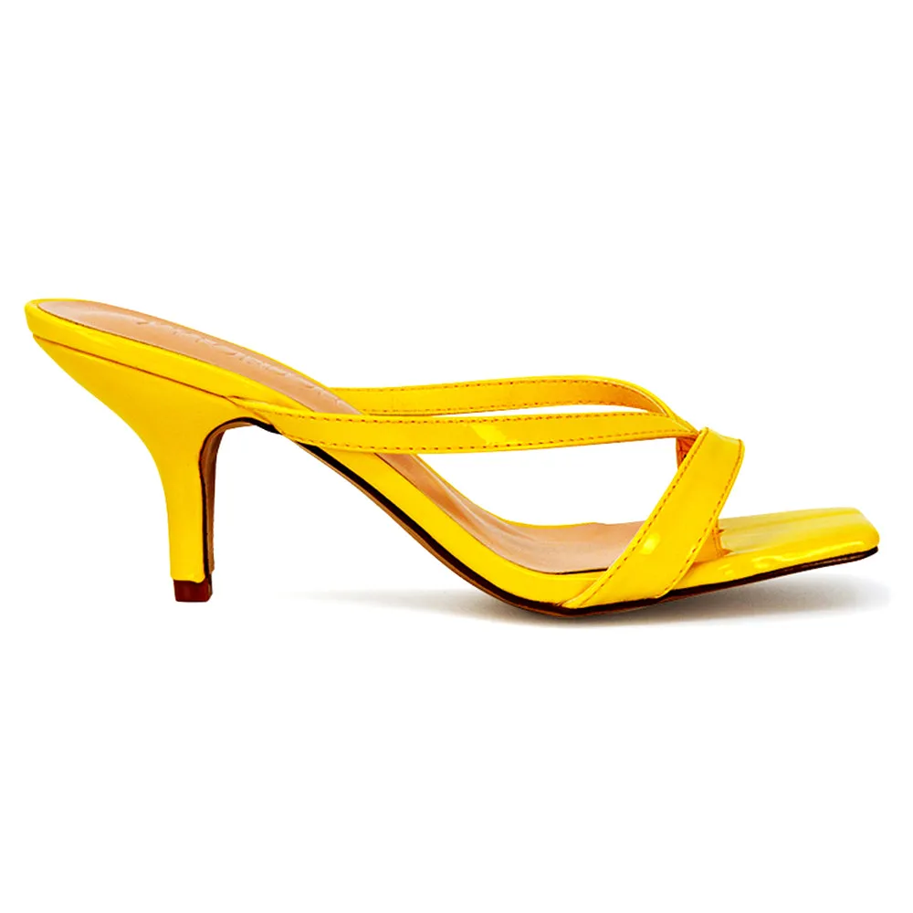 Daria Square Toe Post Strappy Slip on Low Mule Heel Sandals in Yellow Patent