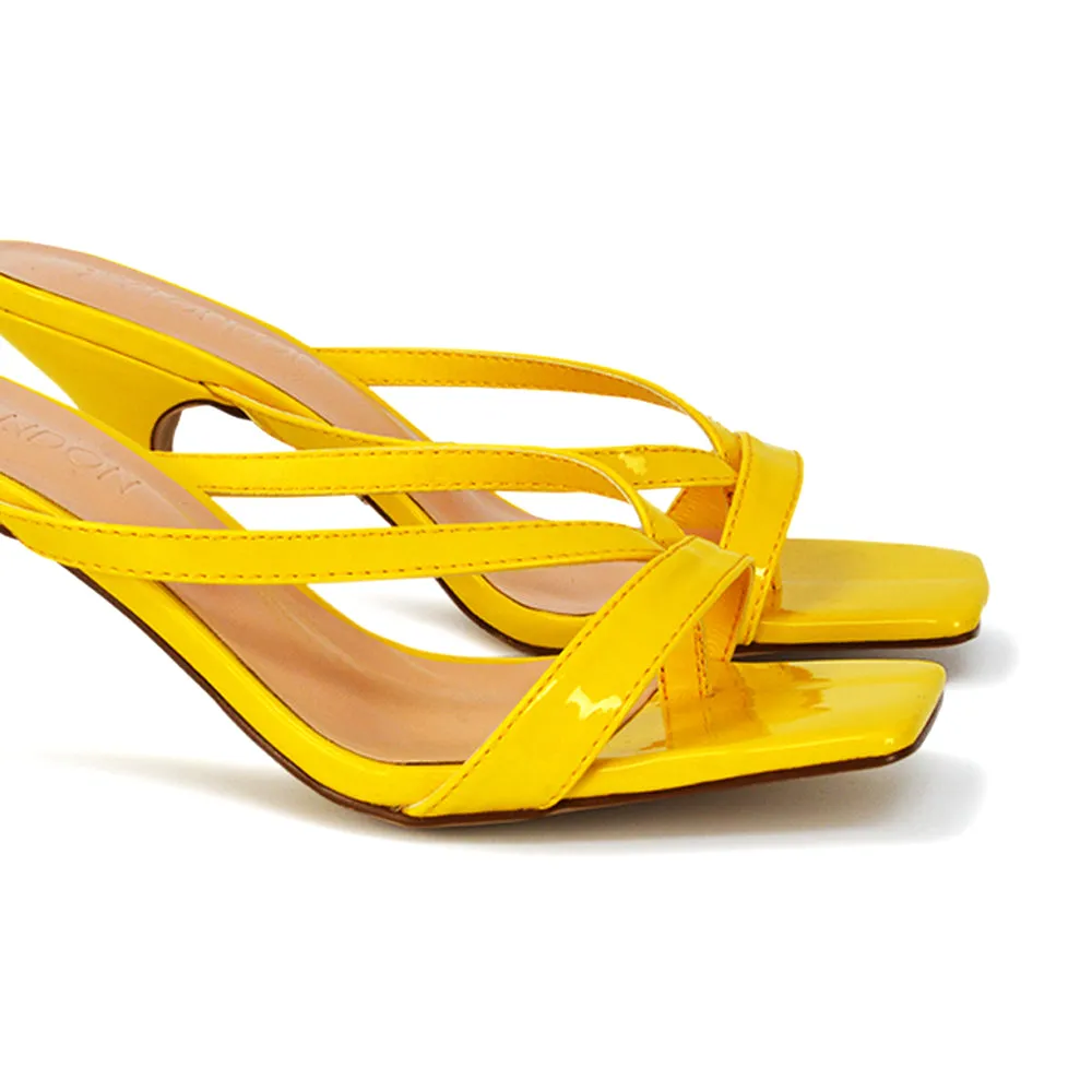 Daria Square Toe Post Strappy Slip on Low Mule Heel Sandals in Yellow Patent