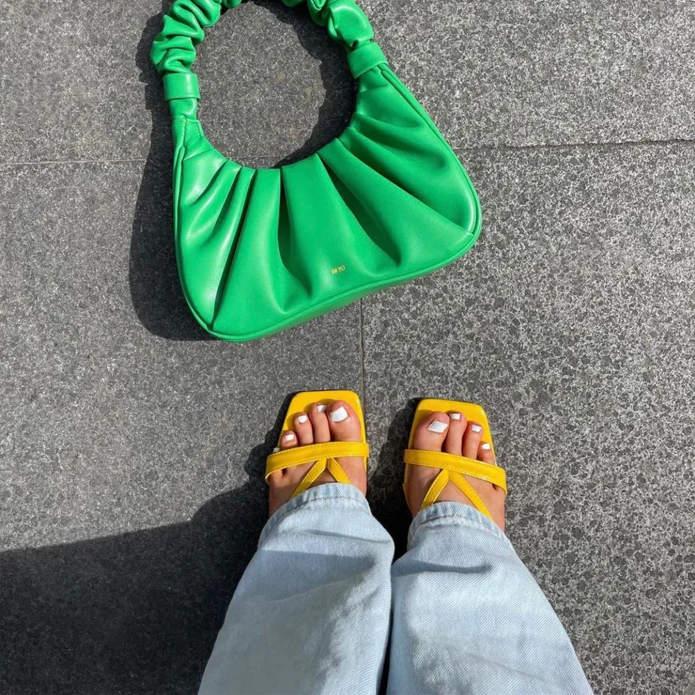 Daria Square Toe Post Strappy Slip on Low Mule Heel Sandals in Yellow Patent