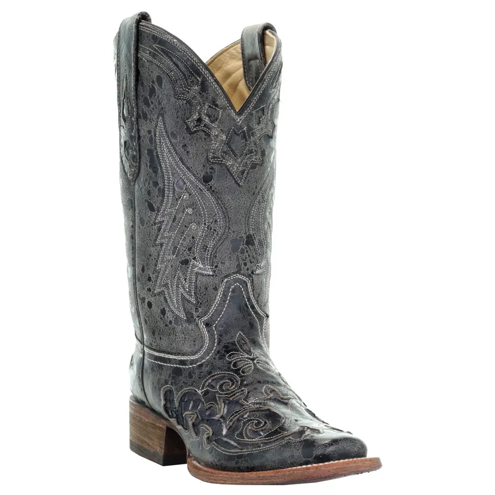 Distressed Embroidery Square Toe Cowboy Boots