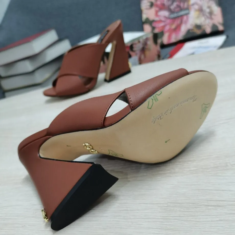 DolGa Satin Mules With Geometric Heel Brown For Women DG Shoes