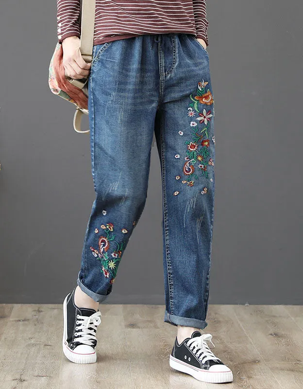 Embroidery Retro Loose Denim Pants