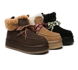 EVERAU® UGG Boots Women Sheepskin Wool Lace Up Ankle Platform Honour