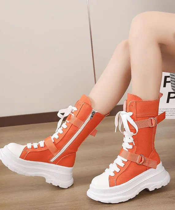 Fashion Splicing Lace Up Orange Canvas Motorcycle Platform Boots LY1777