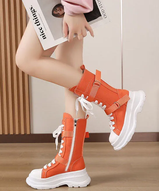 Fashion Splicing Lace Up Orange Canvas Motorcycle Platform Boots LY1777