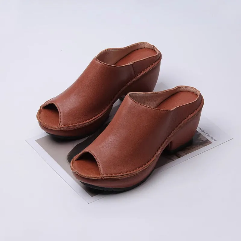 Genuine Leather Block Heel Slippers For Women Peep Toe Slingbacks Sandals in Beige/Brown