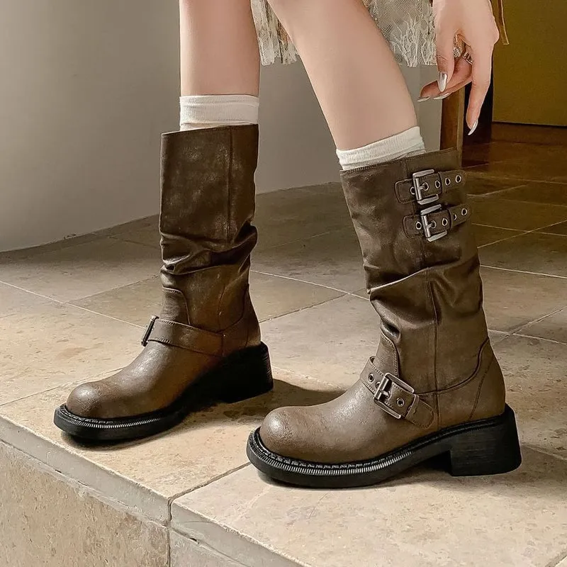 Genuine Leather Western Boots Women Round Toe Mid Calf Boots With Buckles In Black/Brown