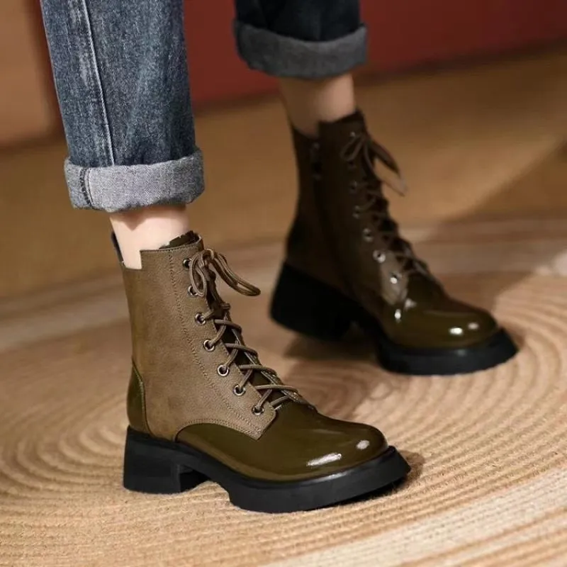 Graduation Gift Stitching Bright Women's Short Boots Winter Autumn Chunky Heel New Lace-Up Round Toe Handsome Motorcycle Fashion Solid Boots