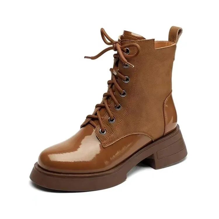 Graduation Gift Stitching Bright Women's Short Boots Winter Autumn Chunky Heel New Lace-Up Round Toe Handsome Motorcycle Fashion Solid Boots