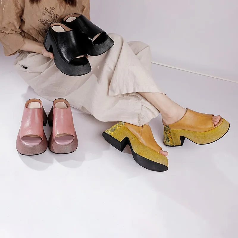 Handmade Cowhide Platform Peep Toe Slippers Lace up High Heel Sandals in Pink/Black/Khaki