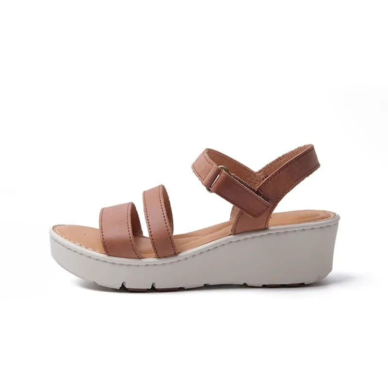 Handmade Leather Double-strap Wedges Sandals in Brown/Apricot- Womens Platform Slingback