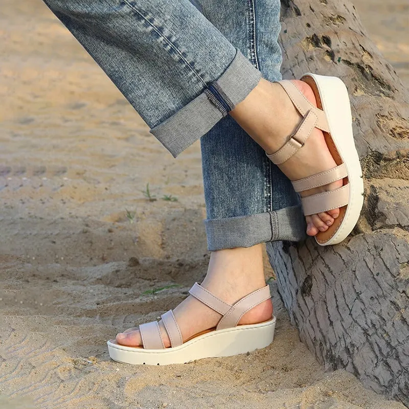 Handmade Leather Double-strap Wedges Sandals in Brown/Apricot- Womens Platform Slingback