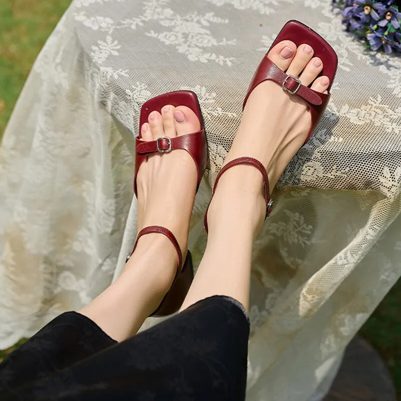 Handmade Leather Open Toe Ankle Strap Sandals with Buckle in Black/Red/Silver