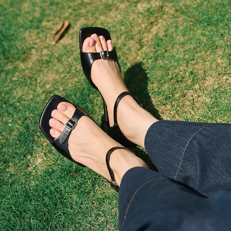 Handmade Leather Open Toe Ankle Strap Sandals with Buckle in Black/Red/Silver