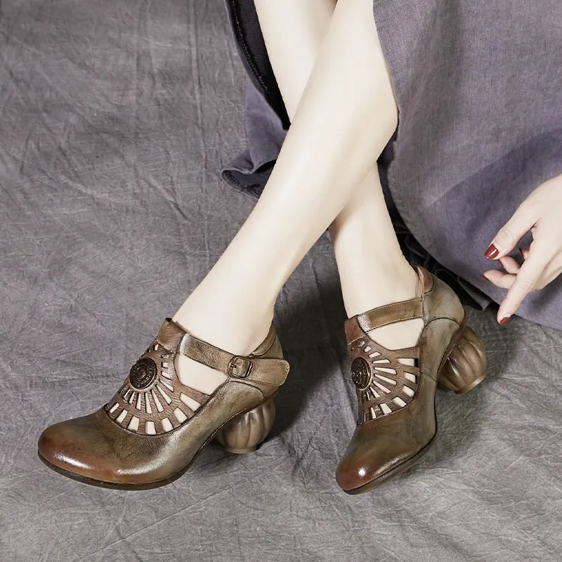 Handmade Leather Pumps Mid Heel Mary Jane Sandals Round Toe Retro Buckle Sandals Gray