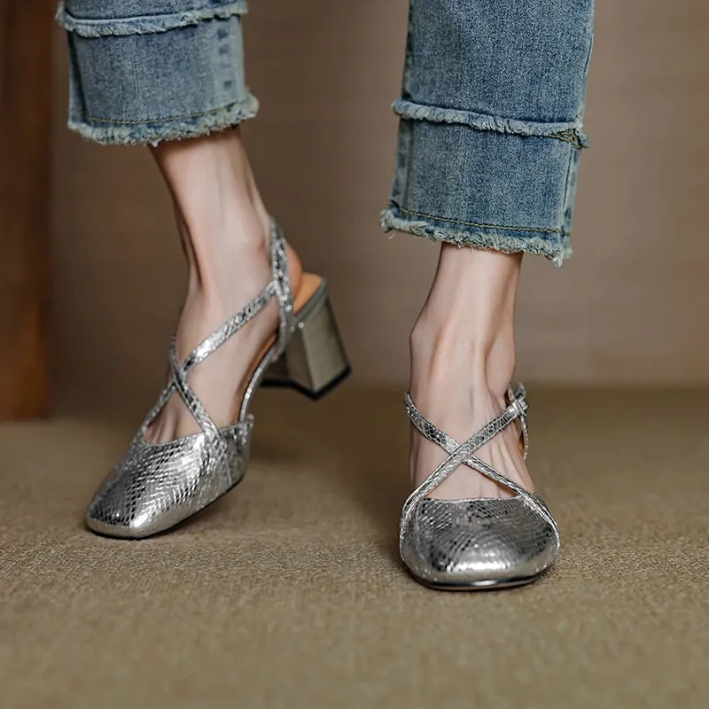 Handmade Leather Pumps Mid Heel X Strap Mary Jane Sandals in Red/Silver/Apricot