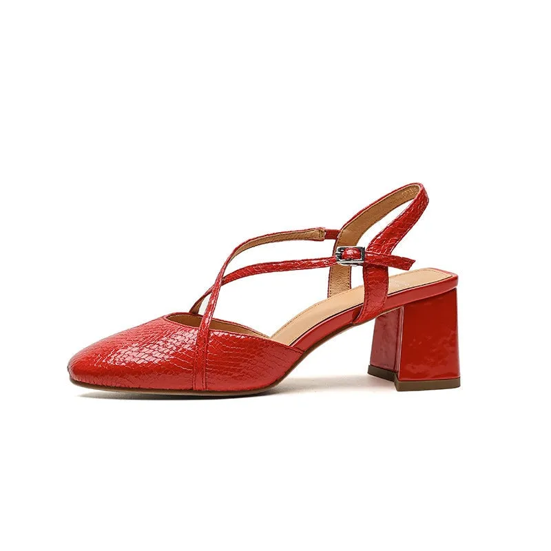 Handmade Leather Pumps Mid Heel X Strap Mary Jane Sandals in Red/Silver/Apricot