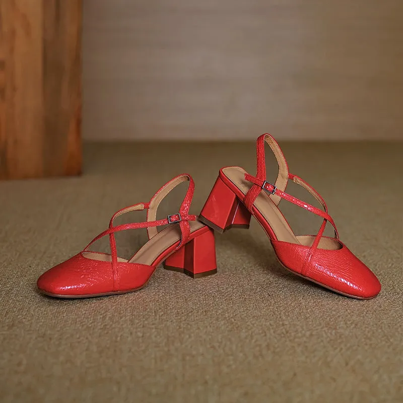 Handmade Leather Pumps Mid Heel X Strap Mary Jane Sandals in Red/Silver/Apricot