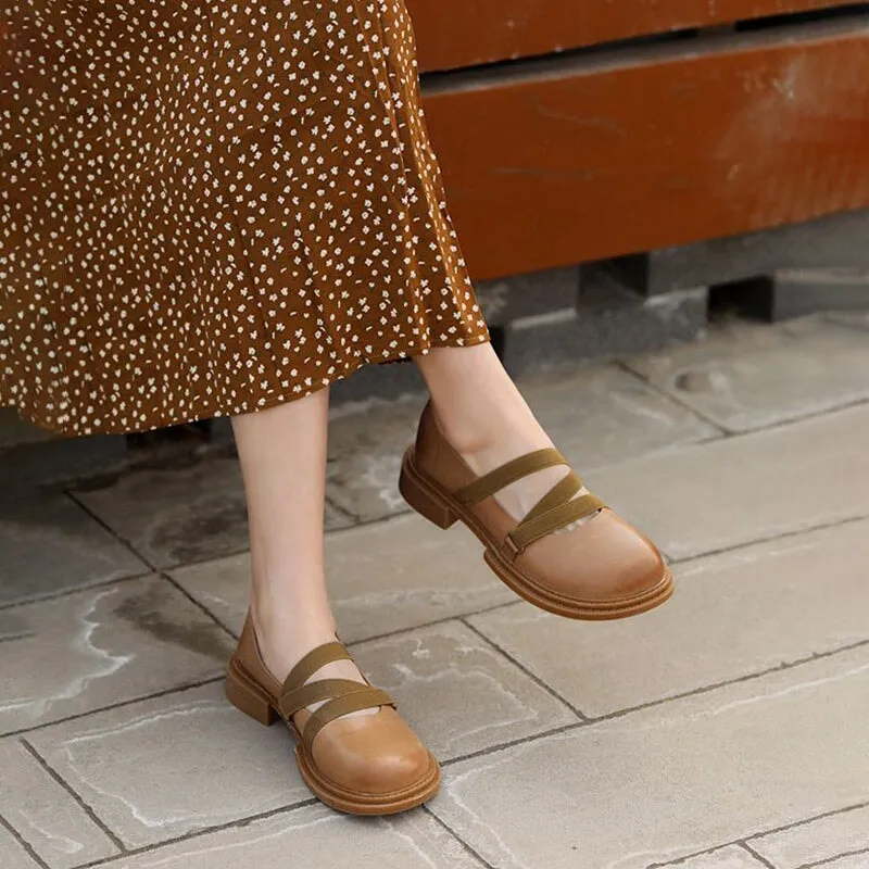 Handmade Leather Strappy Mary Jane Flats Block Heel School Style in Khaki/Brown