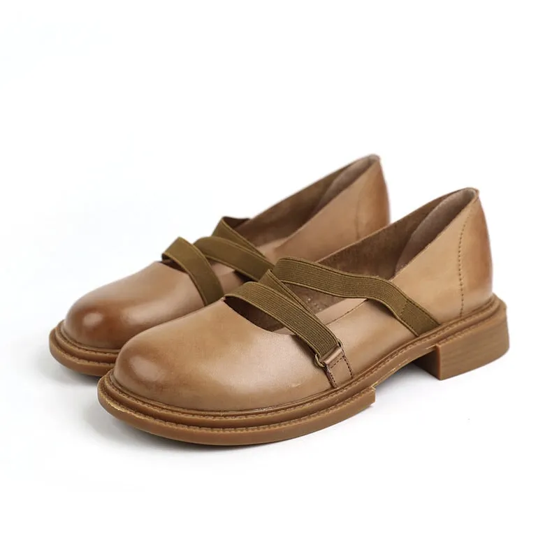 Handmade Leather Strappy Mary Jane Flats Block Heel School Style in Khaki/Brown