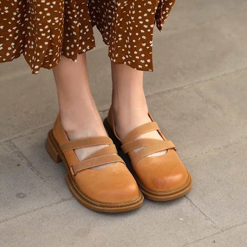 Handmade Leather Strappy Mary Jane Flats Block Heel School Style in Khaki/Brown