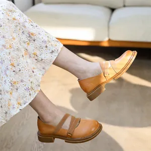 Handmade Leather Strappy Mary Jane Flats Block Heel School Style in Khaki/Brown