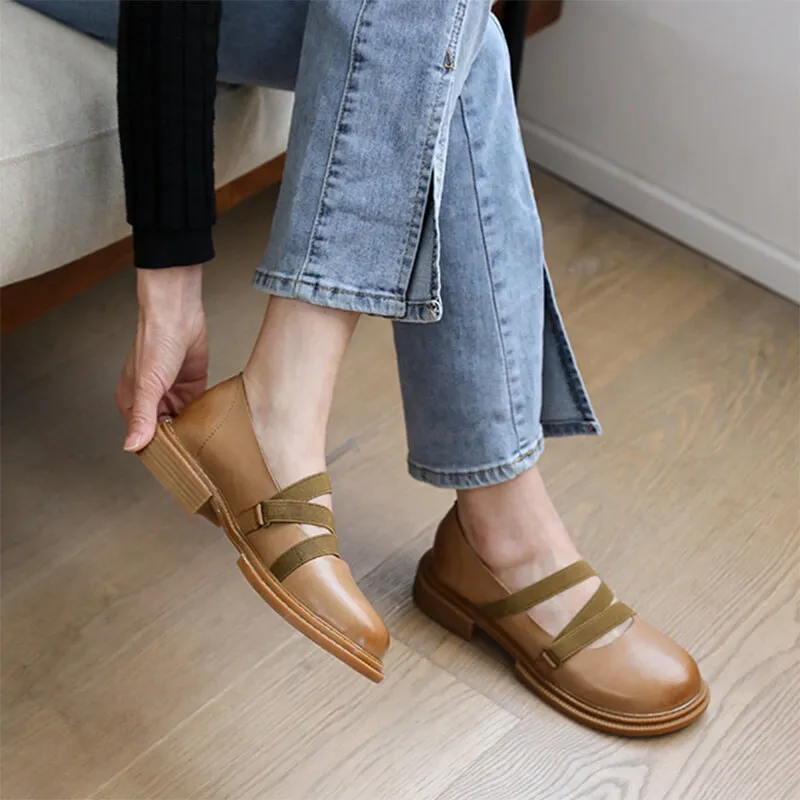 Handmade Leather Strappy Mary Jane Flats Block Heel School Style in Khaki/Brown