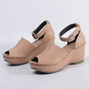 Handmade Leather Wedges Sandals Ankle Strap Peep Toe in Black/Apricot