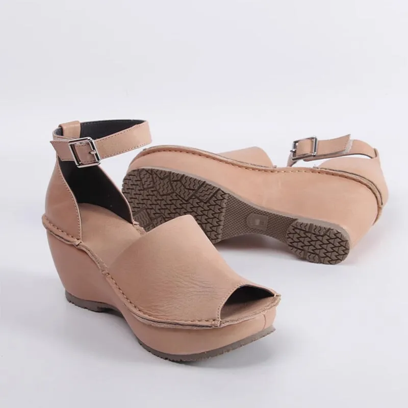 Handmade Leather Wedges Sandals Ankle Strap Peep Toe in Black/Apricot