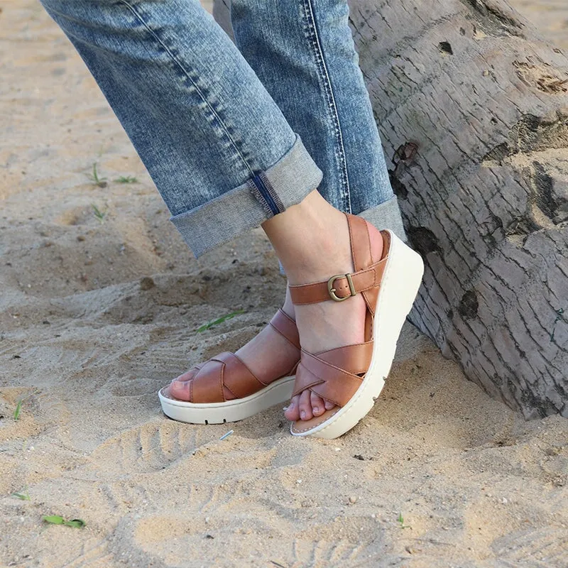 Handmade Leather x strap Sandals in Brown/Black/Apricot- Womens Platform Slingback