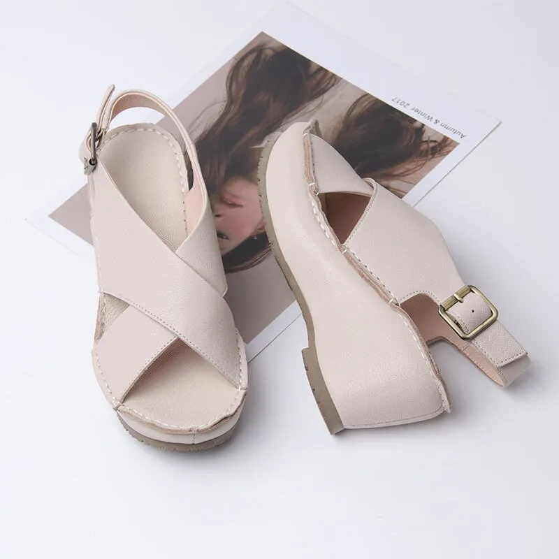 Handmade Leather X strap Sandals Open Toe Wedges Sandals in Black/Beige/Brown