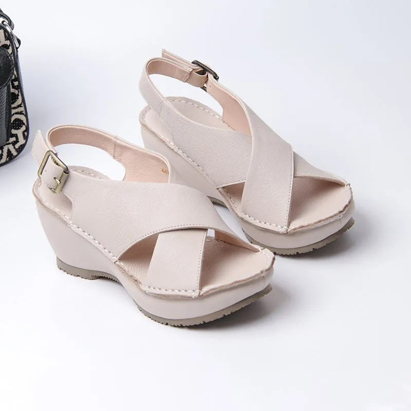 Handmade Leather X strap Sandals Open Toe Wedges Sandals in Black/Beige/Brown