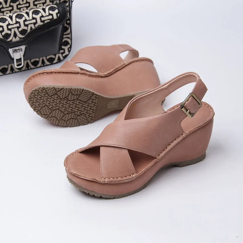 Handmade Leather X strap Sandals Open Toe Wedges Sandals in Black/Beige/Brown