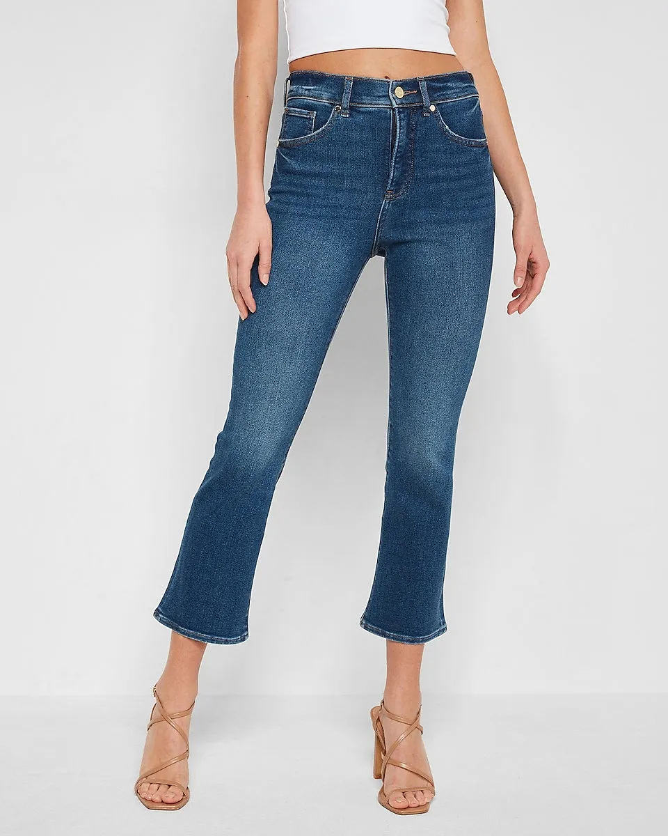 High Waisted Vintage Dark Wash Cropped Flare Jeans in Dark Wash