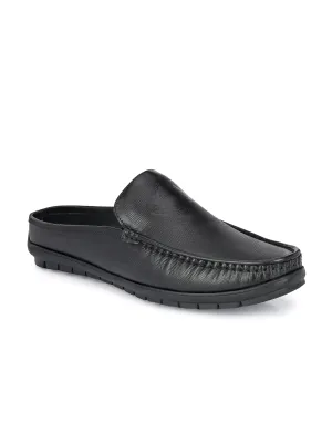 Hitz Men's Black Leather Half Shoes Flat Mule Loafers