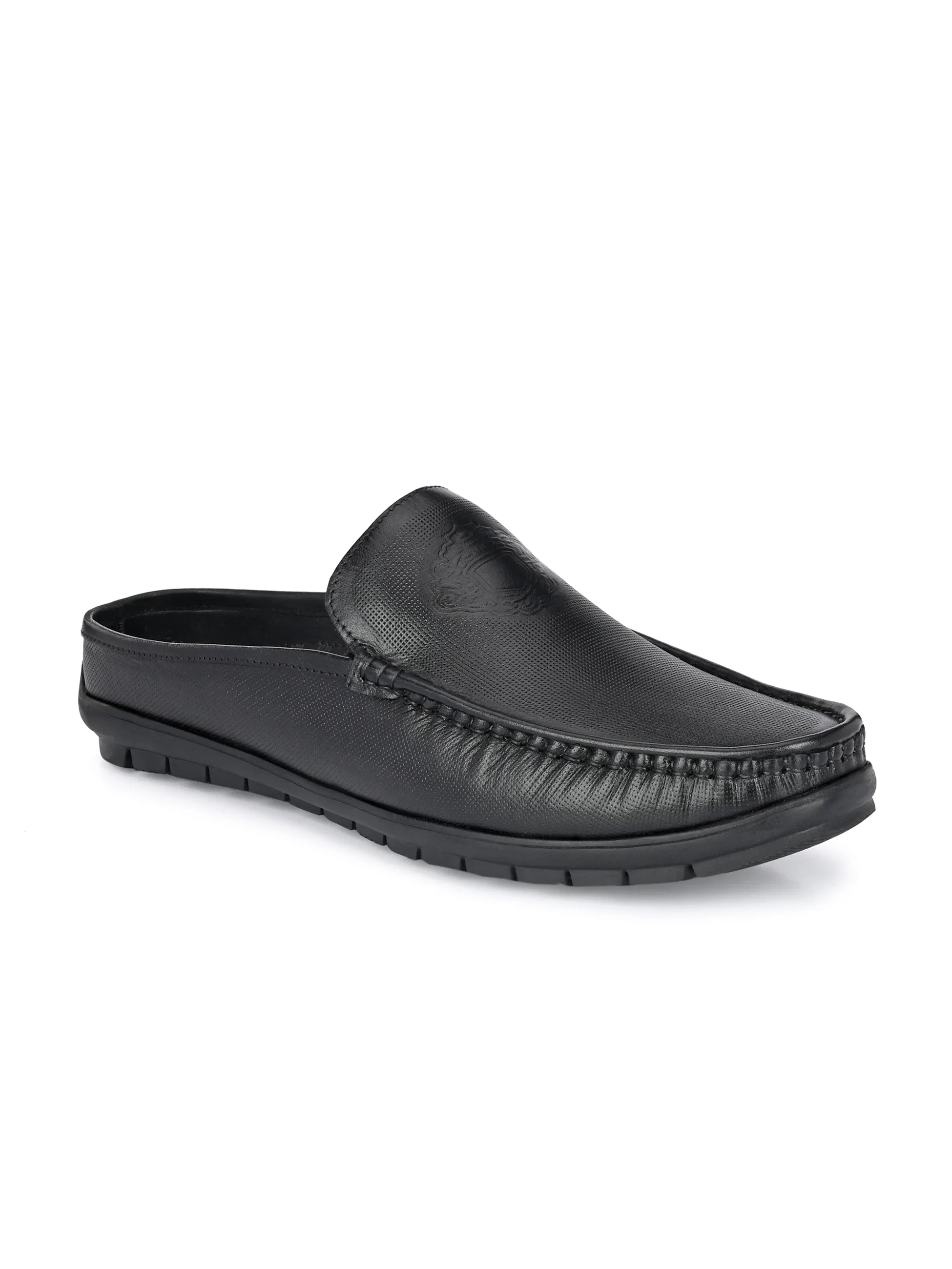 Hitz Men's Black Leather Half Shoes Flat Mule Loafers