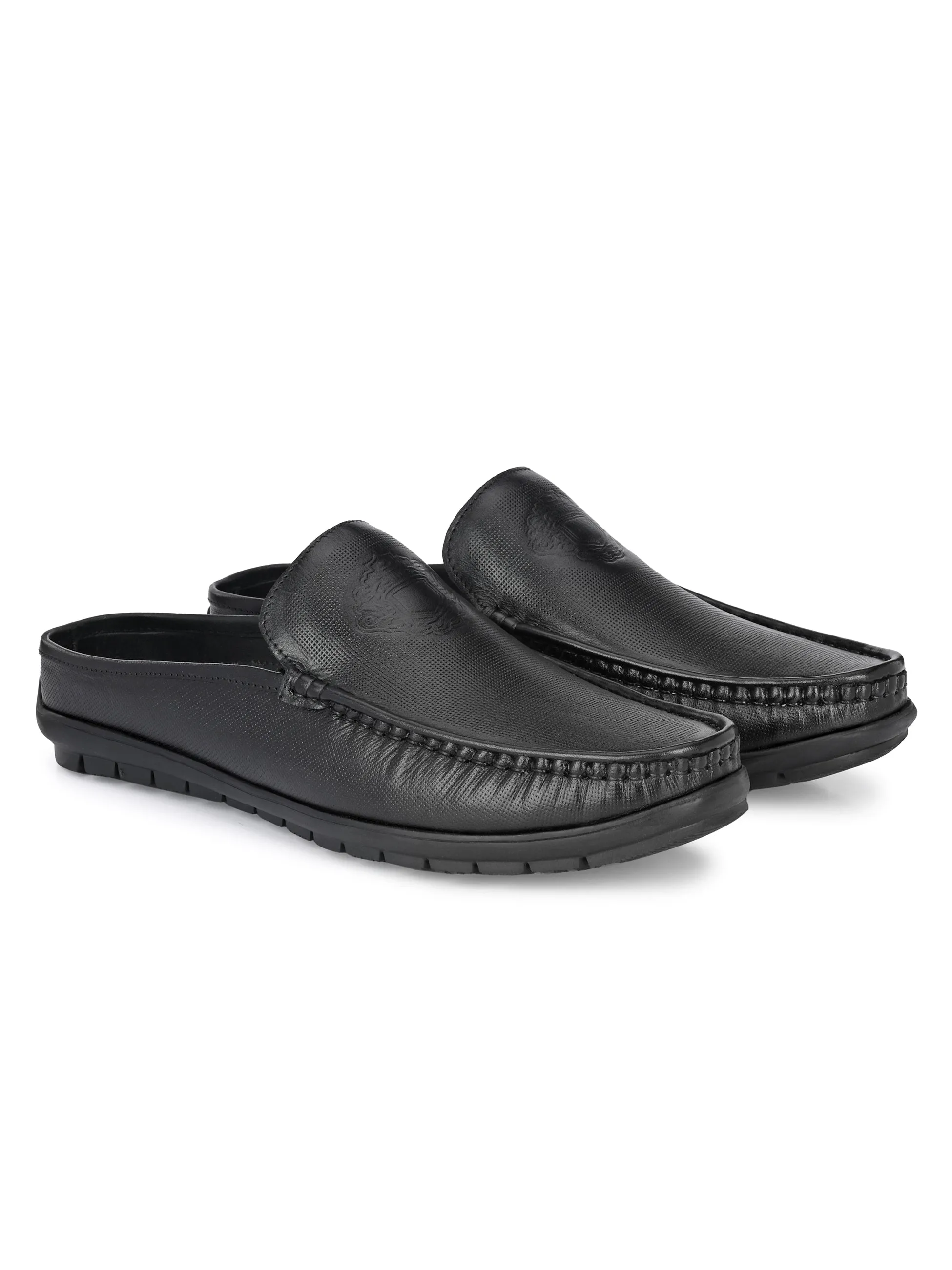 Hitz Men's Black Leather Half Shoes Flat Mule Loafers