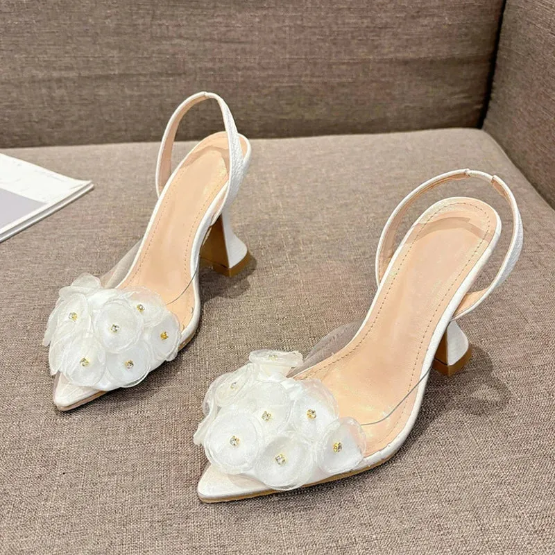 Hnzxzm Fashion Crystal Flower Women Pumps Sexy Pointed Toe White High Heels Wedding Prom Shoes PVC Transparent Sandal Female Mule