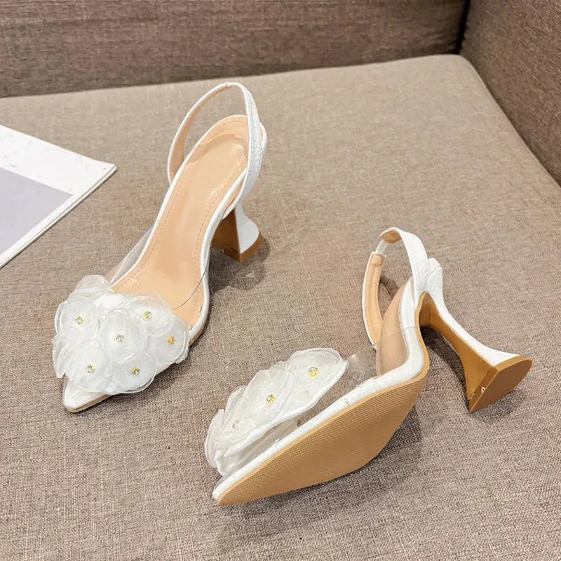 Hnzxzm Fashion Crystal Flower Women Pumps Sexy Pointed Toe White High Heels Wedding Prom Shoes PVC Transparent Sandal Female Mule