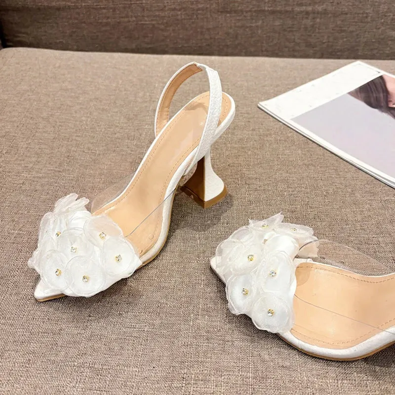 Hnzxzm Fashion Crystal Flower Women Pumps Sexy Pointed Toe White High Heels Wedding Prom Shoes PVC Transparent Sandal Female Mule