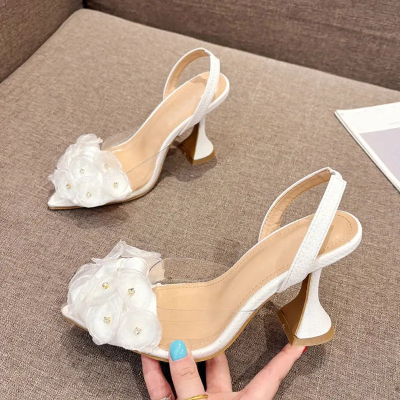 Hnzxzm Fashion Crystal Flower Women Pumps Sexy Pointed Toe White High Heels Wedding Prom Shoes PVC Transparent Sandal Female Mule