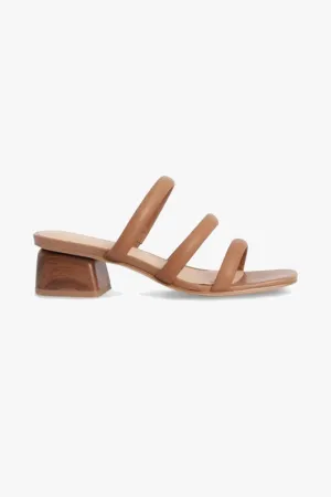 Juniper Tan Square Toe Triple Strap Mid Heel Slide