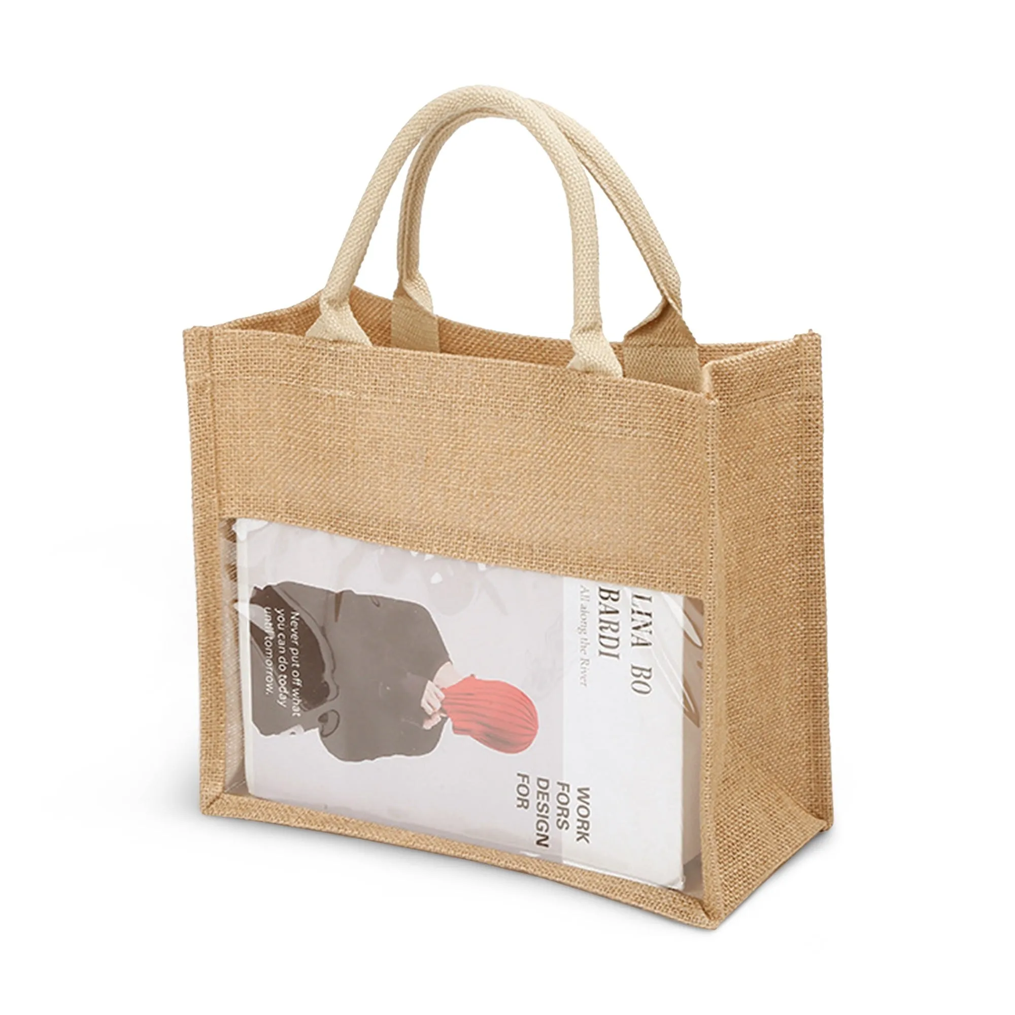 Jute Burlap Tote Bag with Transparent PVC Film Window