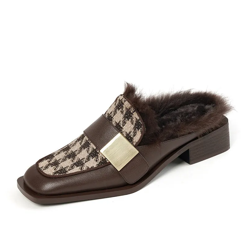 Kali Brown Plaid Fur Mule Shoes