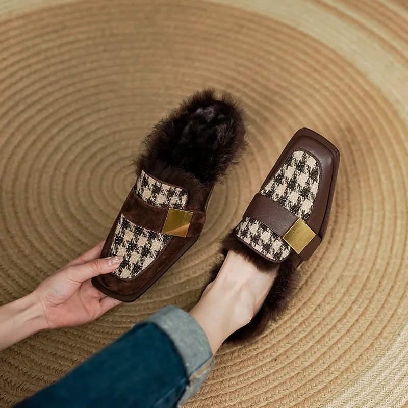 Kali Brown Plaid Fur Mule Shoes