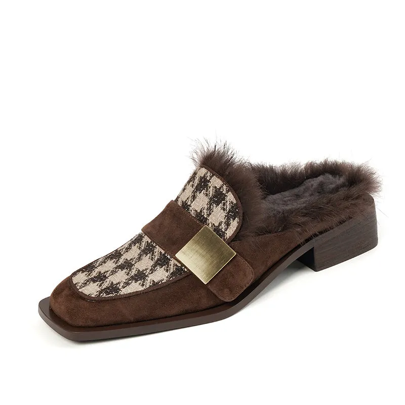 Kali Brown Plaid Fur Mule Shoes