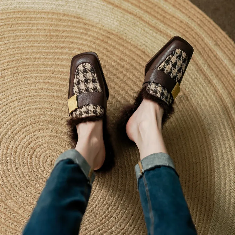 Kali Brown Plaid Fur Mule Shoes