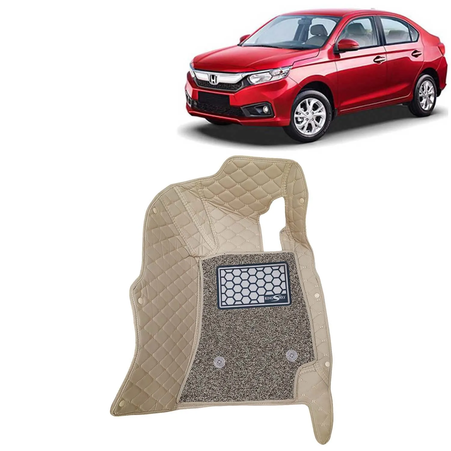 KINGSWAY® Amaze 7D Car Mat for (Year 2018 to 2020), Compatible with Honda Amaze Car Floor Mats, Complete Set of 3 Pieces, Top-Notch PU Leatherette 7D Foot Mats, Washable, Beige