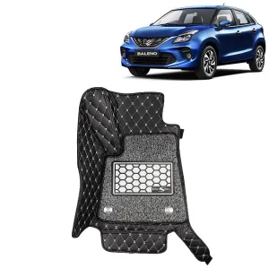 KINGSWAY® Baleno 7D Car Mat for (Year 2019 to 2022), Compatible with Maruti Suzuki Baleno Car Floor Mats, Complete Set of 3 Pieces, Top-Notch PU Leatherette 7D Foot Mats, Washable, Black